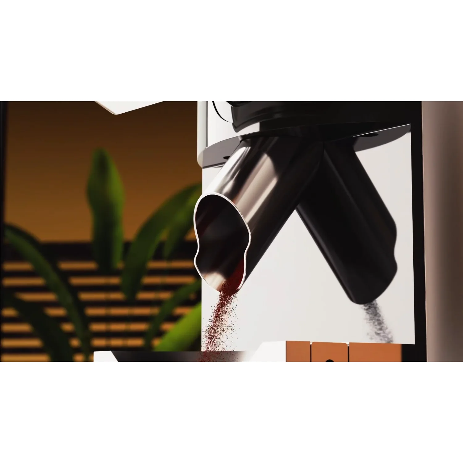 Ground coffee falling from the grinder spout
